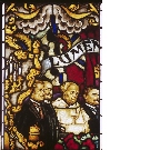 Vitrail de l'histoire de l'église de Fribourg pour le choeur de St-Nicolas (première version, remaniée par la suite): le Père Joachim Berthier entouré de trois hommes politiques